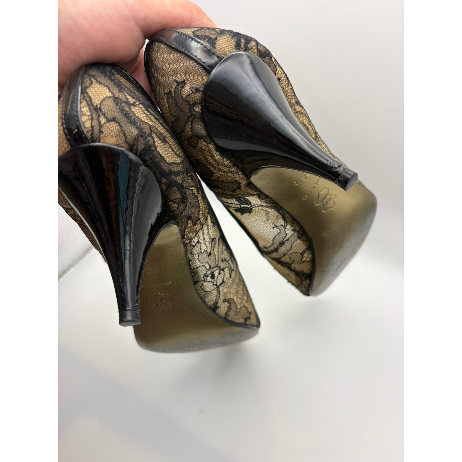 Rare Michel Perry Lace Mesh Pumps 36.5 Black Nude Kitten Heel Pointed Y2K Italy