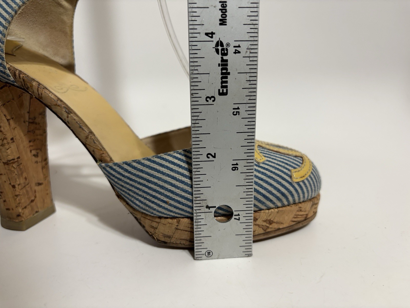 Vtg Chanel Blue CC Logo Striped Platform Heels 37