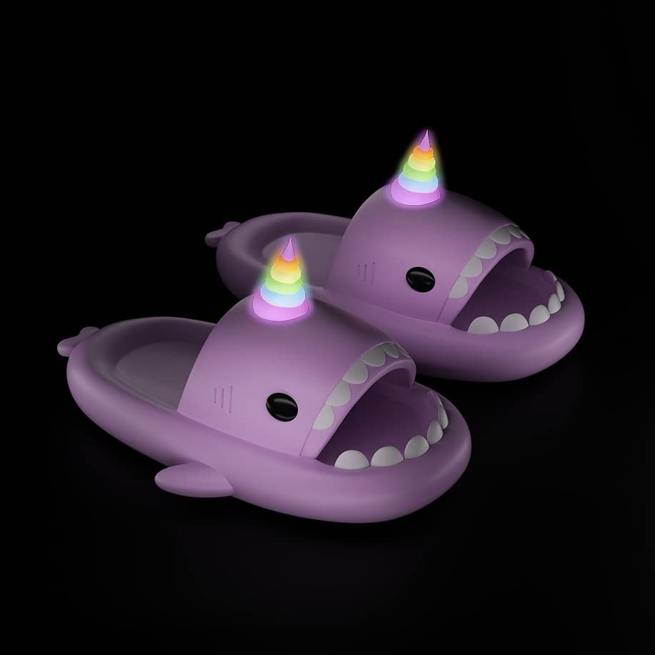 Glow in The Dark Shark Slides Sandals (6.5-7.5 Women/5-6 Men, Purple)