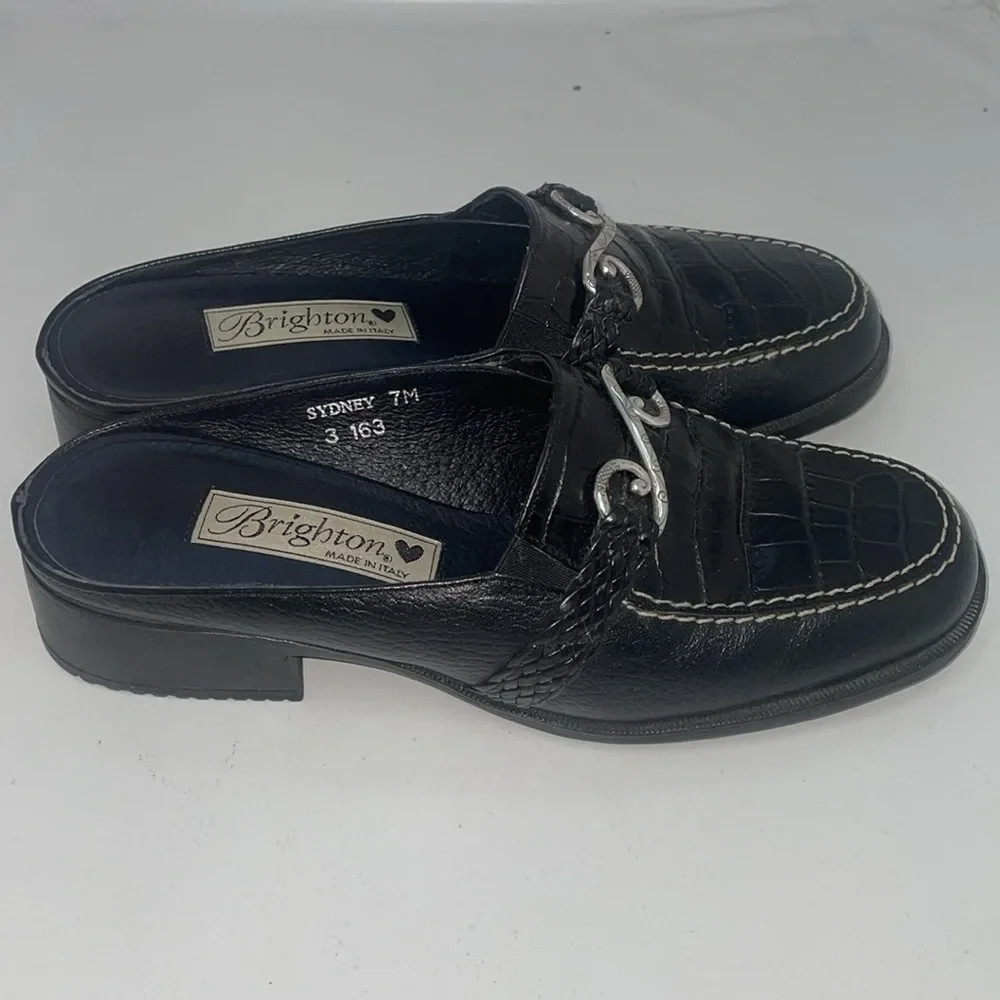 Brighton Britta Black Croc Leather Slip-on Mules Size 7