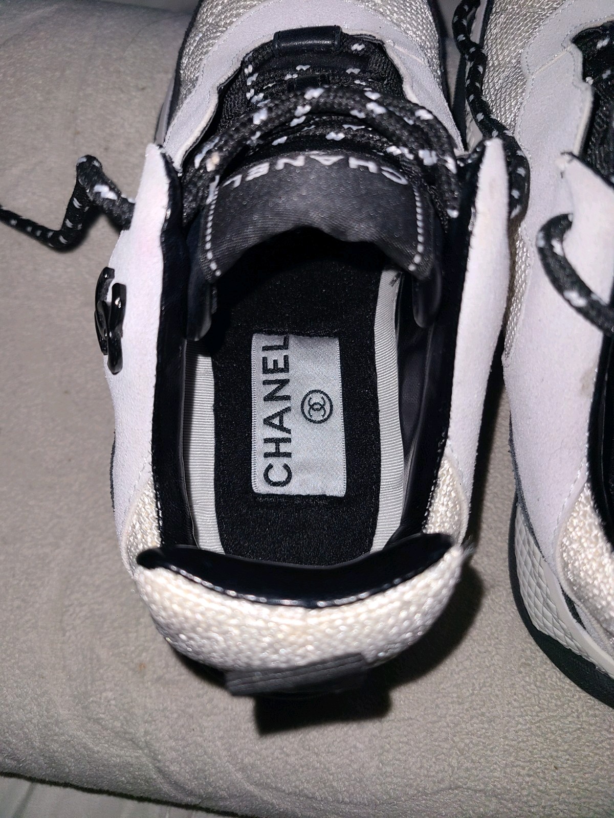 Chanel Mesh Suede Calfskin Quilted Sneakers White Ivory Womens Size 35/US 5