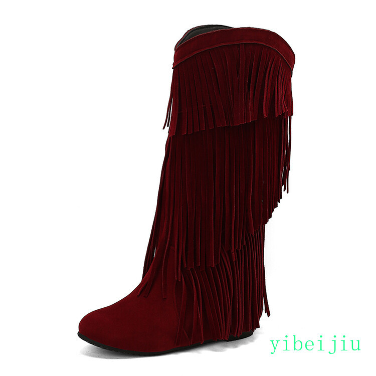 Women’s Mid Hidden Wedge Heels Knee High Boots Suede Tassel Shoes Bohemia Ethnic