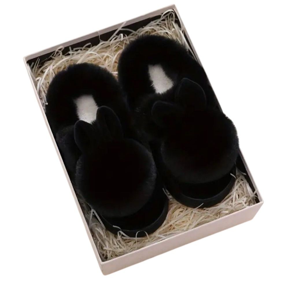 Women’s Bunny Plush Slippers Black 7 Indoor Warm Cozy Soft Fall Winter
