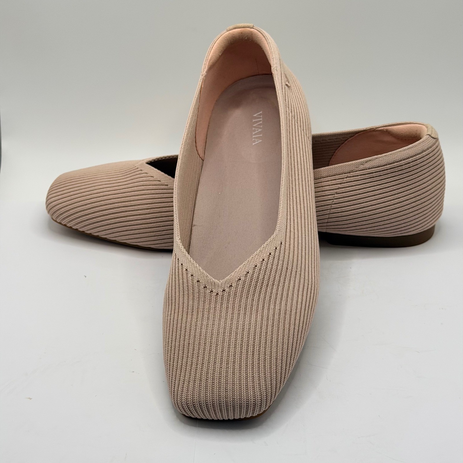 Vivaia Margot Square Toe V-Cut Ribbed Knit Flats baby pink Size 41 US 10