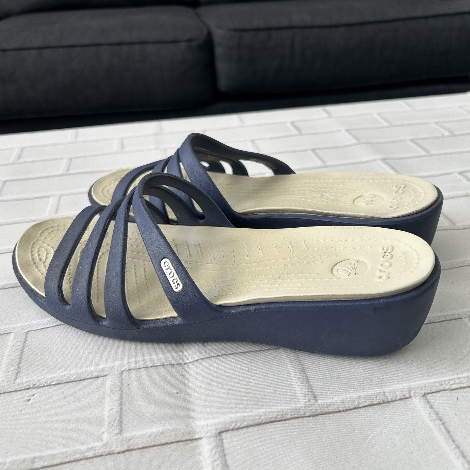 CROCS RHONDA WEDGE SANDALS Size 10 Navy Blue Open Toe
