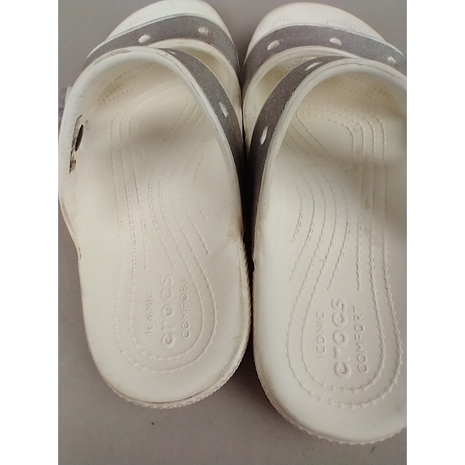 Crocs Classic Sandal Silver Glitter White Two Strap Slide Mens 4 Womens 6