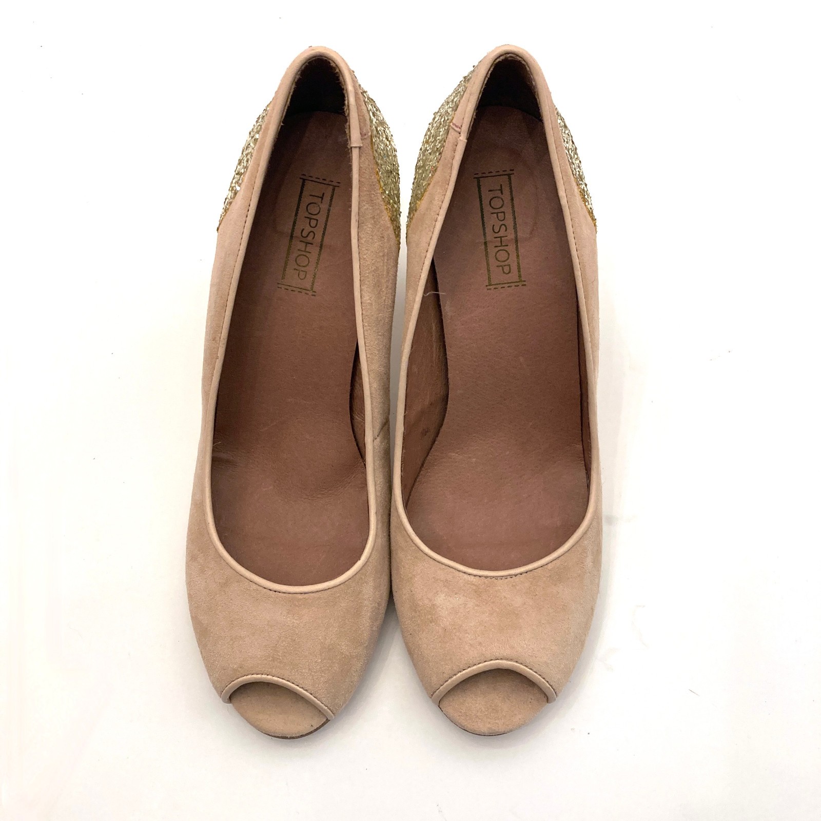 Topshop Jazzhands Pumps Beige Suede Gold Glitter Heels Womens 10.5 Peep Toe