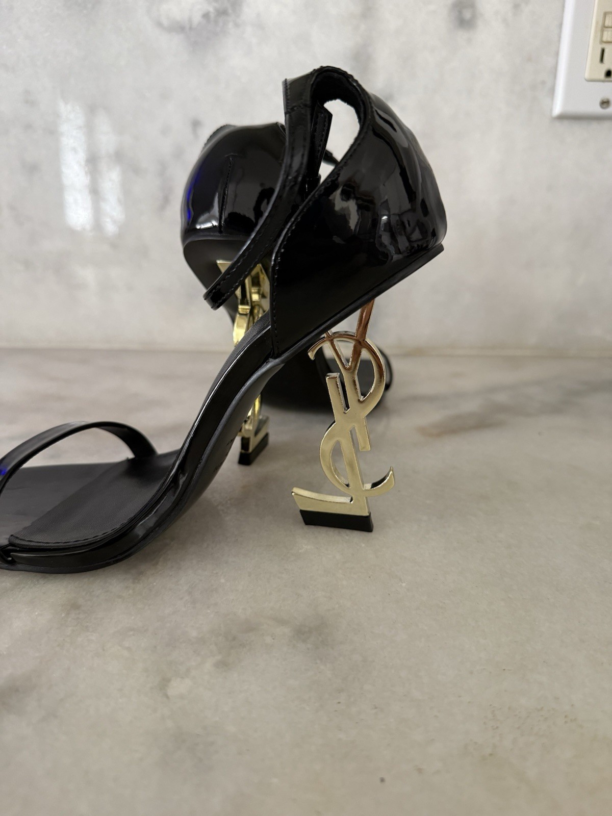 Saint Laurent Black Patent Leather Strappy Square Toe Buckle Heels EU 37