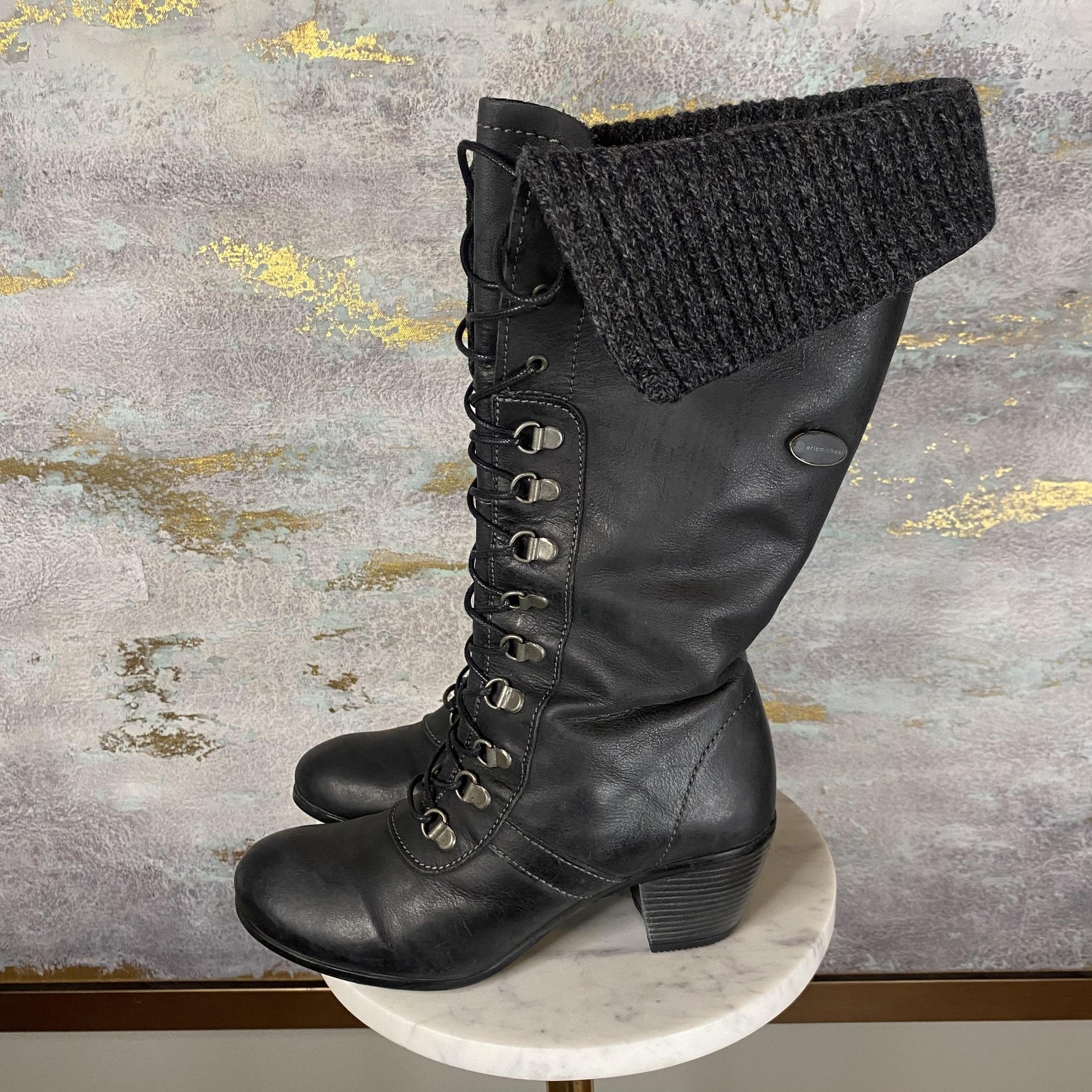 Eric Michael Boots Womens Size 5.5 Black Leather Combat Knit Cuff Mid Calf