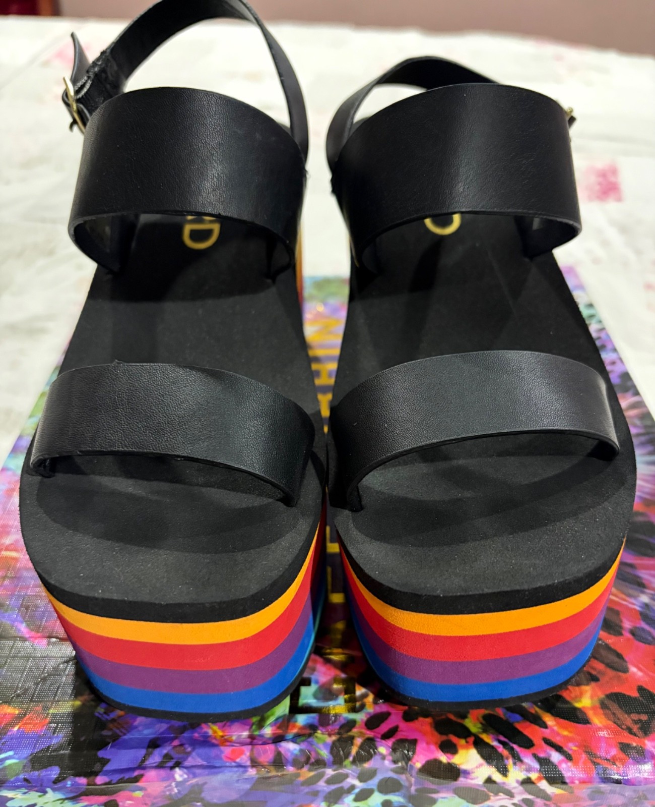 ES*RD Black & Rainbow Striped 4” Platform Sandal size 7 Brand New