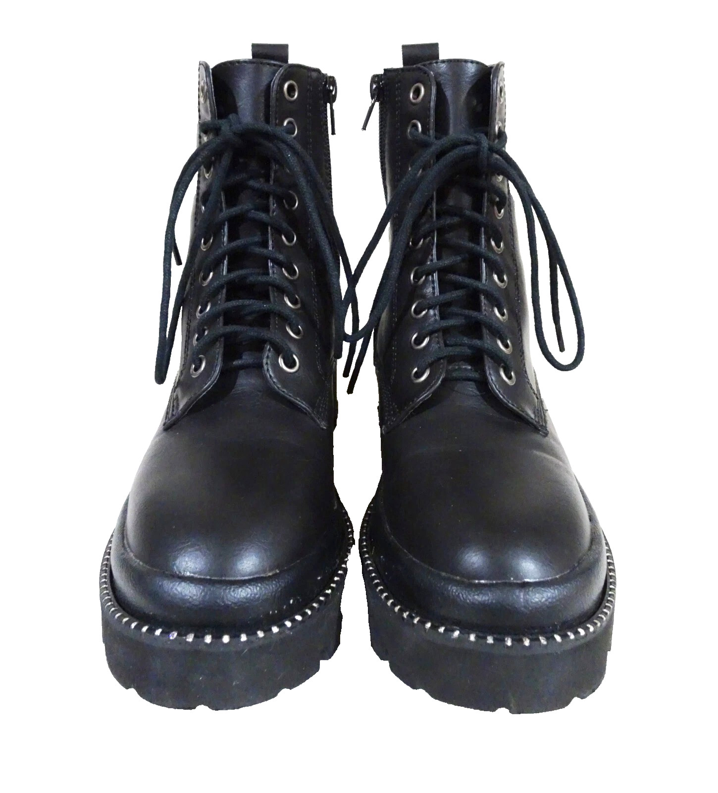 Sz 6 Rock & Candy Black Faux Leather 90s Y2K Rhinestone Platform Zip Combat Boot