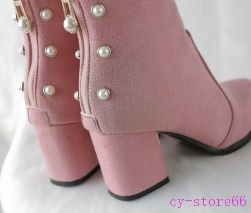 Womens Pearls Zipper Ankle Boots High Chunky Heel Casual Suede Shoes Clubwear