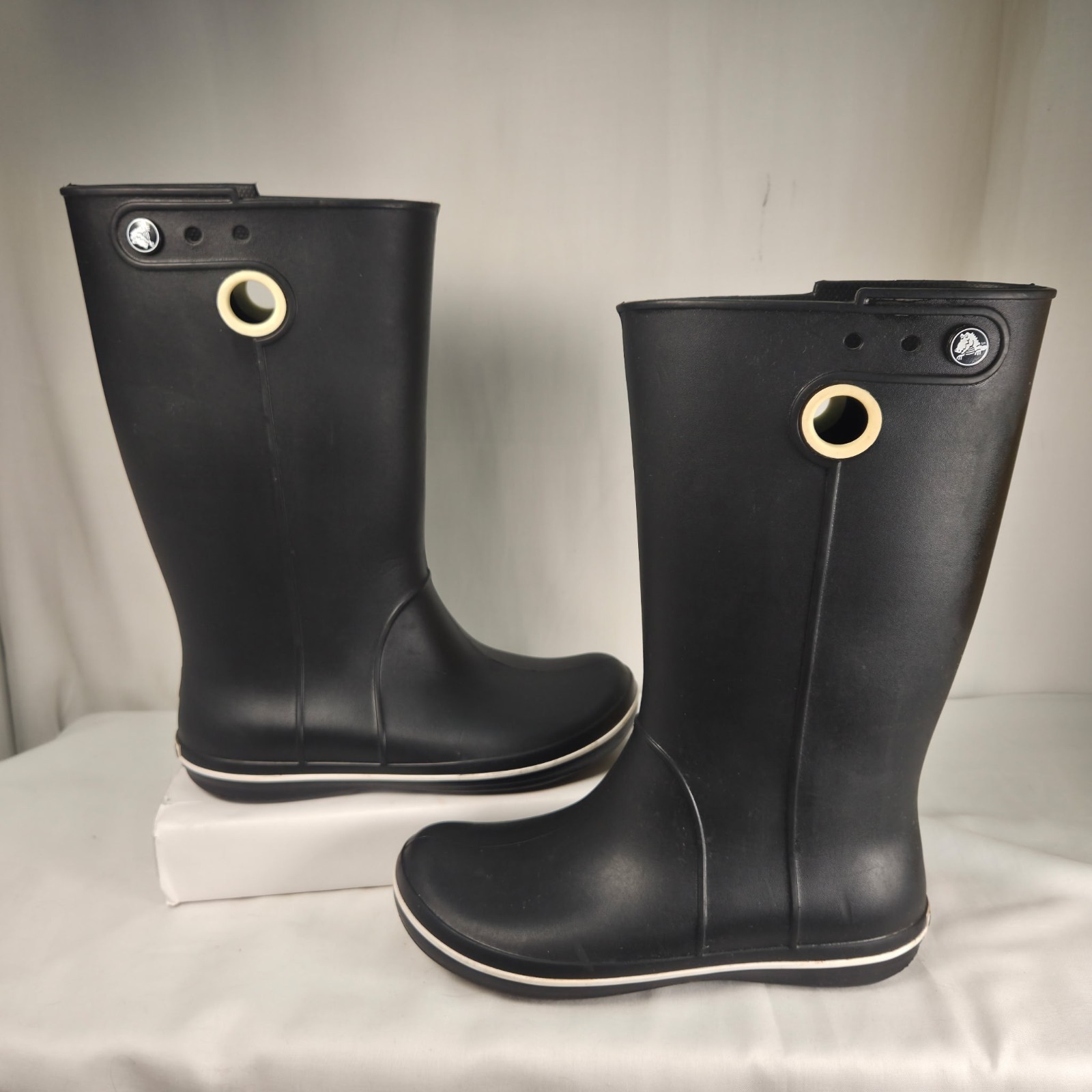Crocs Tall Rain Boots Jaunt Black With White Trim Womens Size 8