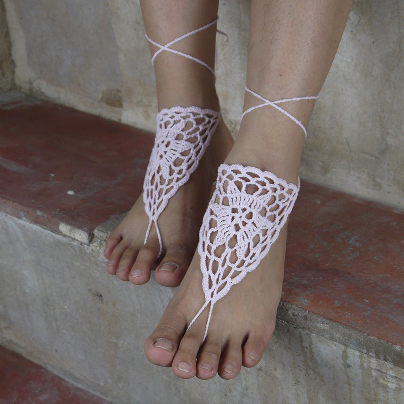 2Pcs Barefoot Crochet Sandals Beach Wedding Decor Women’s Knit Flat Sandals