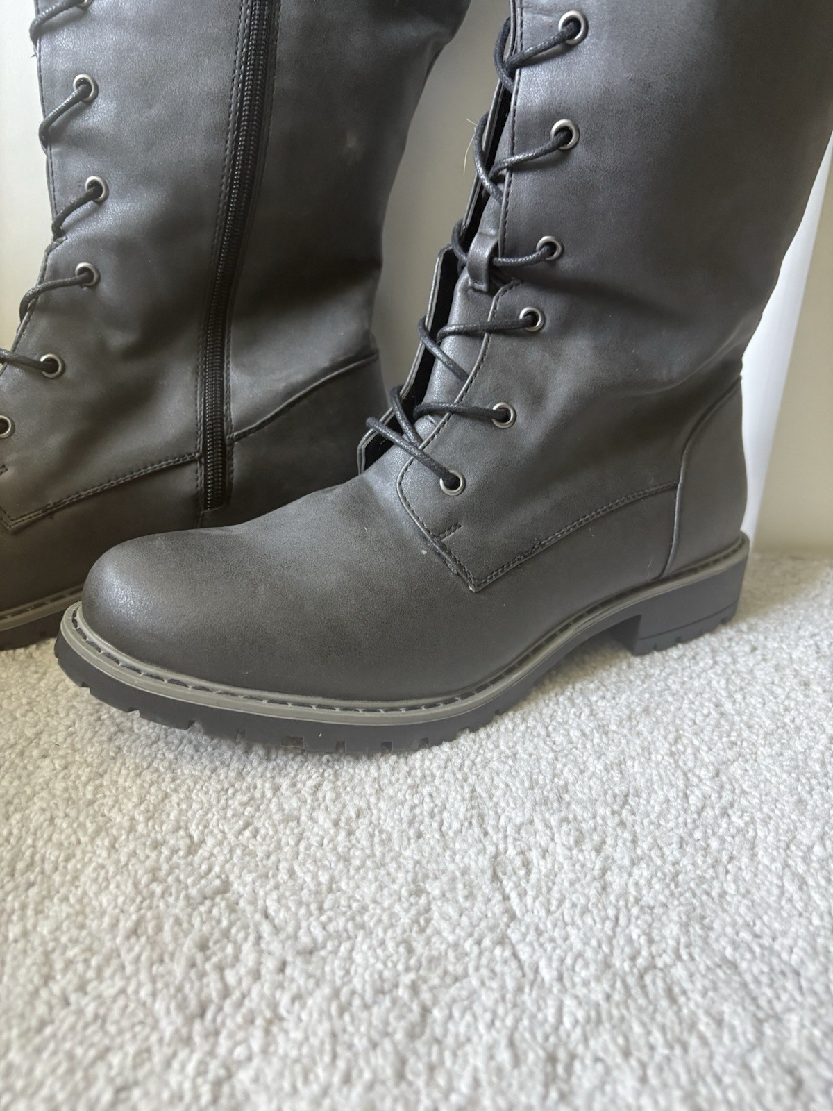 Women’s Black Knee High Combat Boots Lace-Up Side Zip Round Toe US 9 EU 40