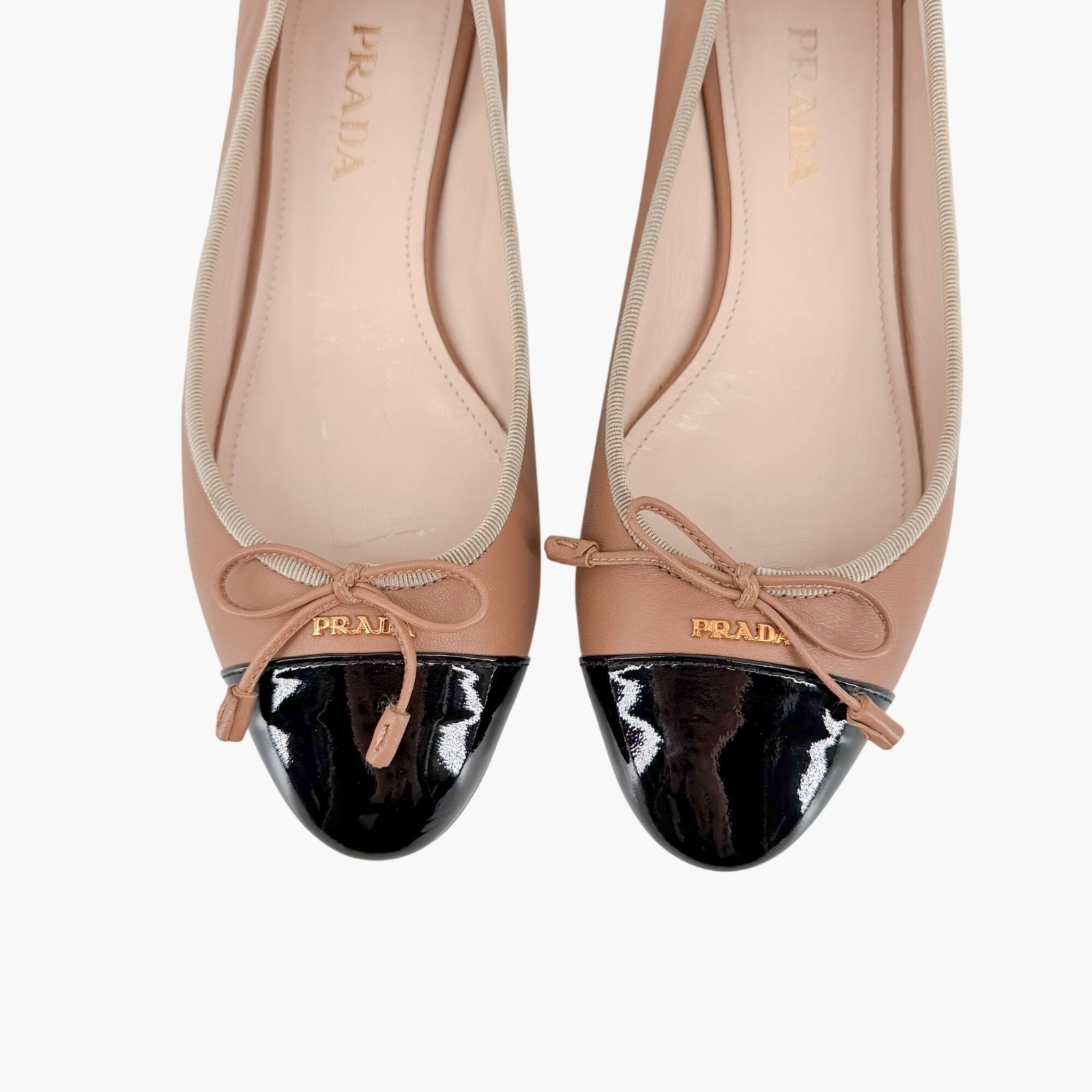 Prada Beige Black Cap Toe Logo Ballet Flats Leather Size 38 US 8 Women Two Tone