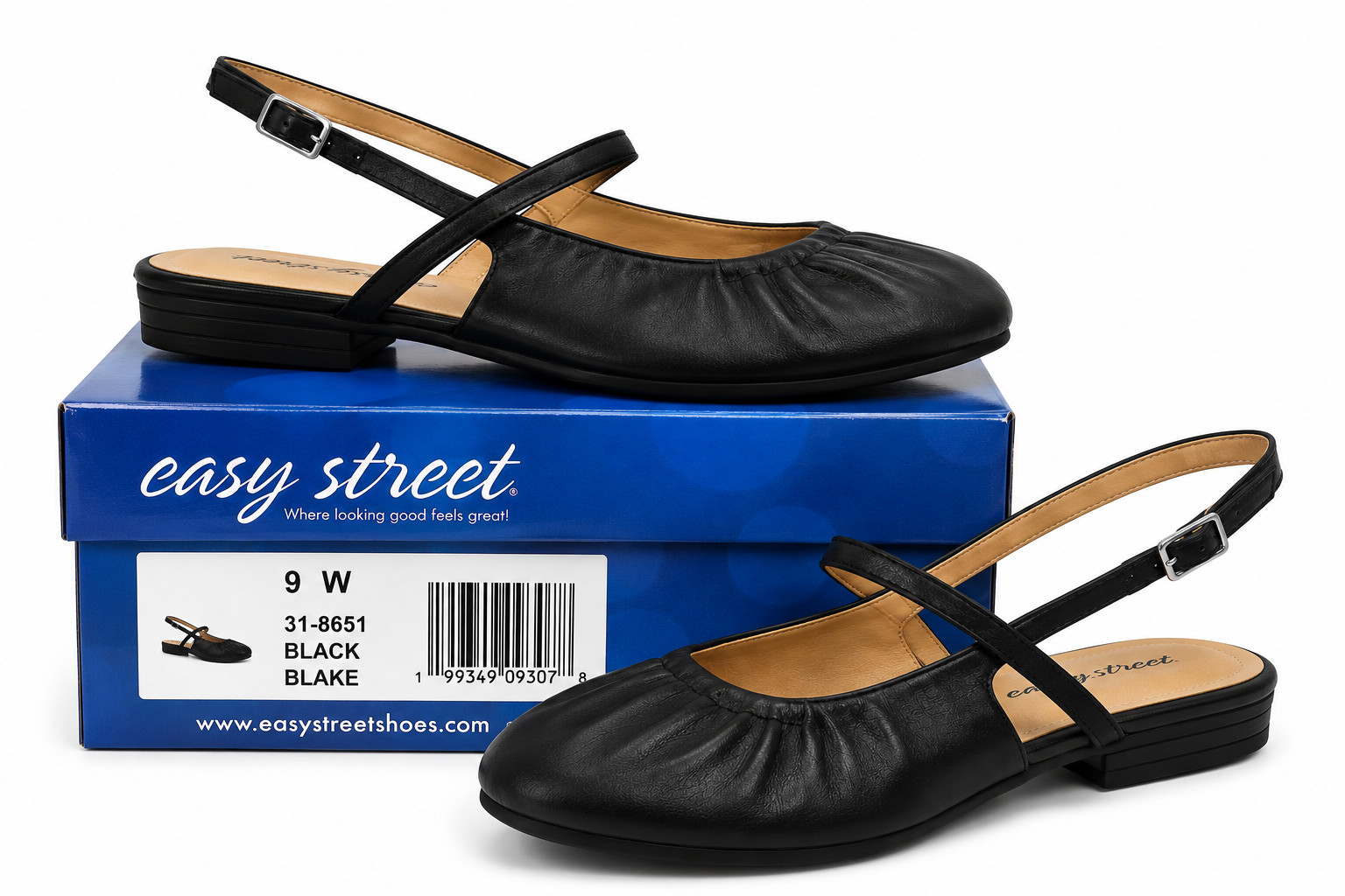 Easy Street Blake Slingback Flats Black Women’s Size 9 Wide W Comfort Shoes NIB