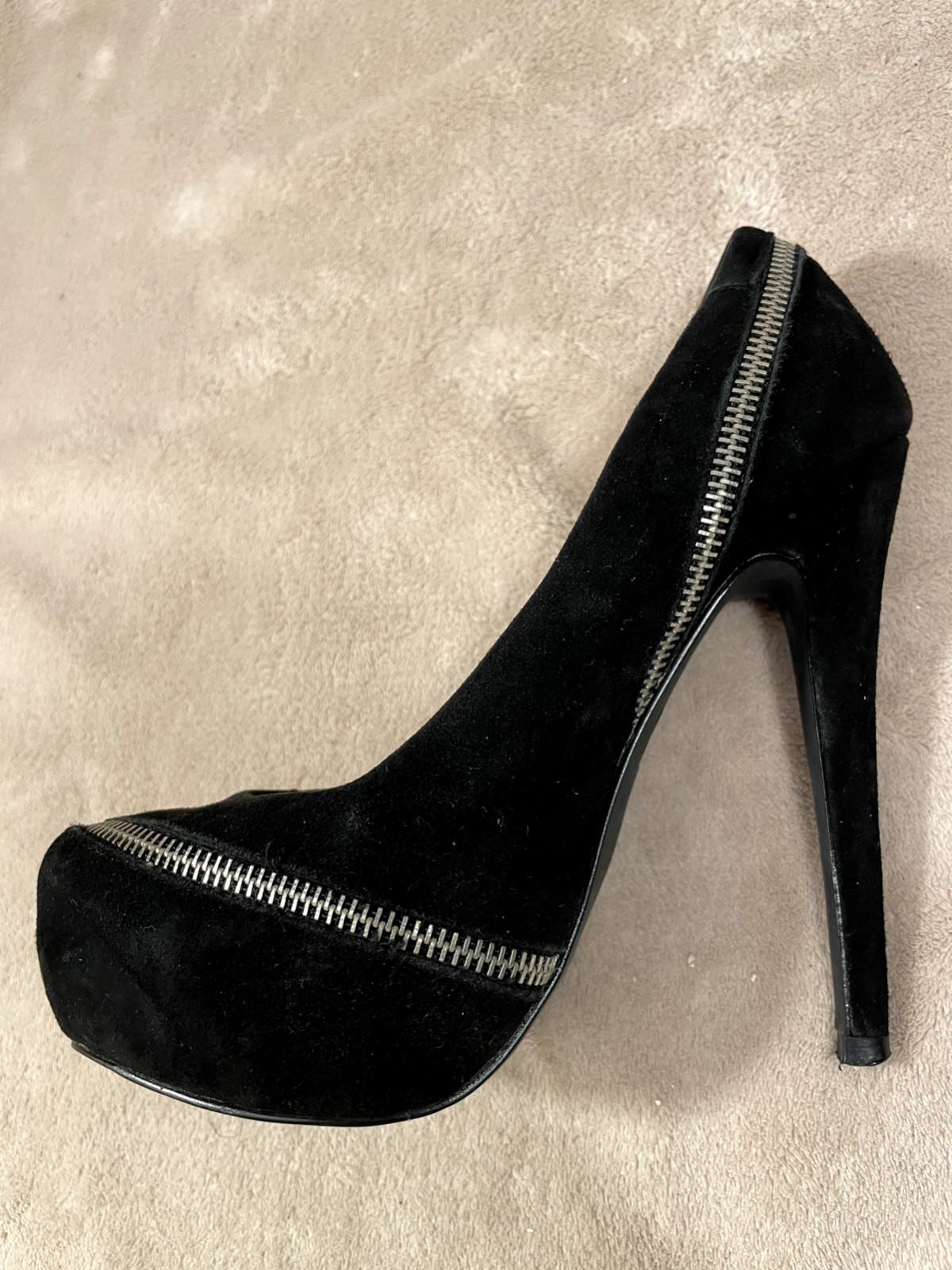 COLIN STUART STILETTOS, Black Suede Zipper Platform 5.5″ Heels Size 7.5 B