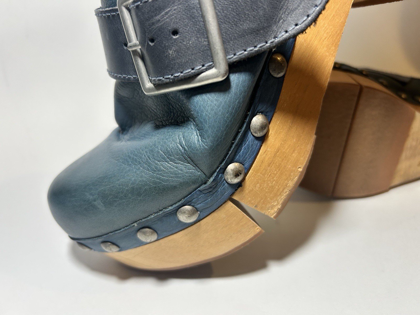 Free People Culver City Clogs Teal Blue Leather Wood Platform Buckle Studded 9