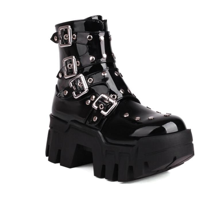 Rivets Ankle Boots Mid Heel Studded Gothic Thick Sole Womens Platform Shoes Punk
