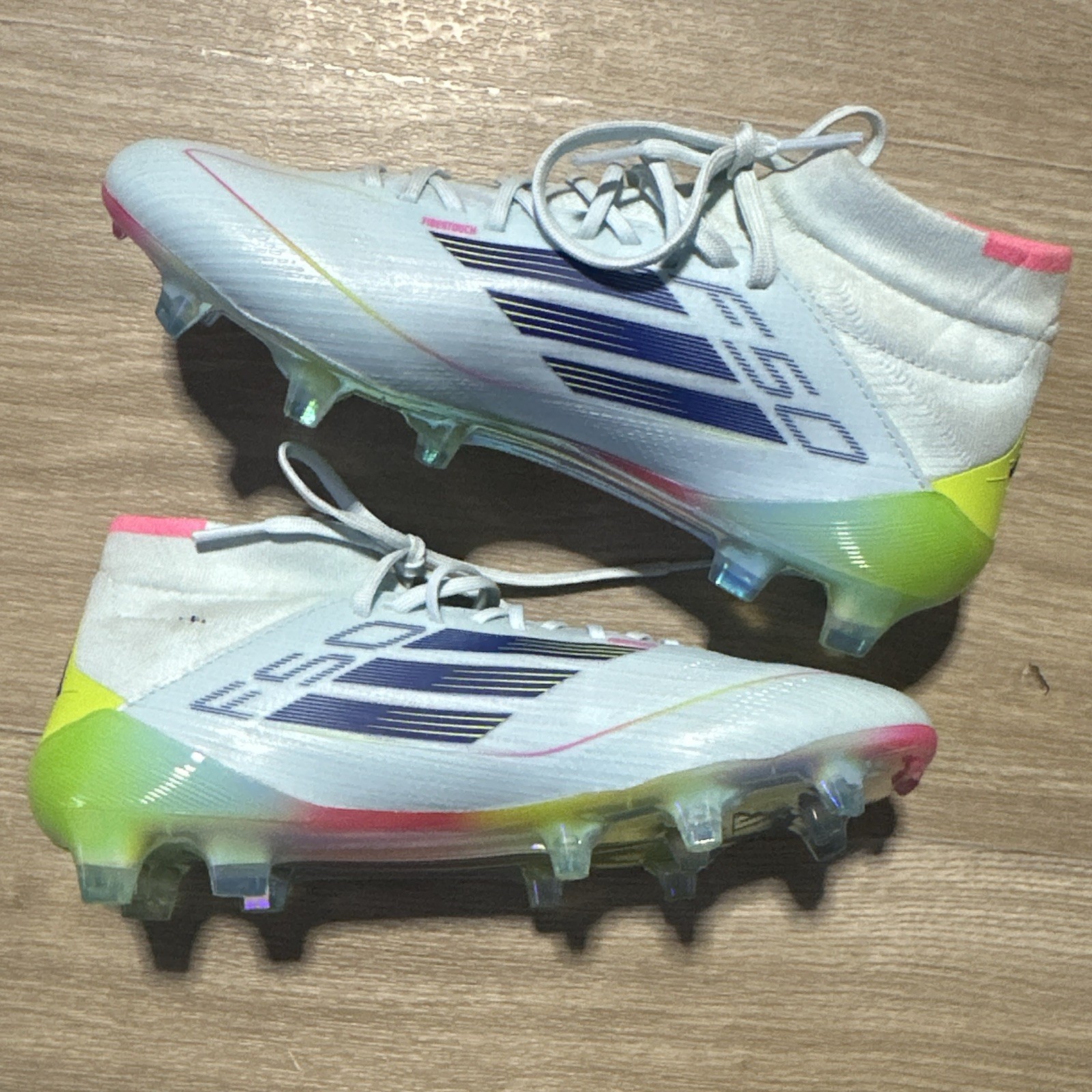 adidas F50 Soccer Cleats White Pink Yellow Blue Lace-Up Mid Top Plastic