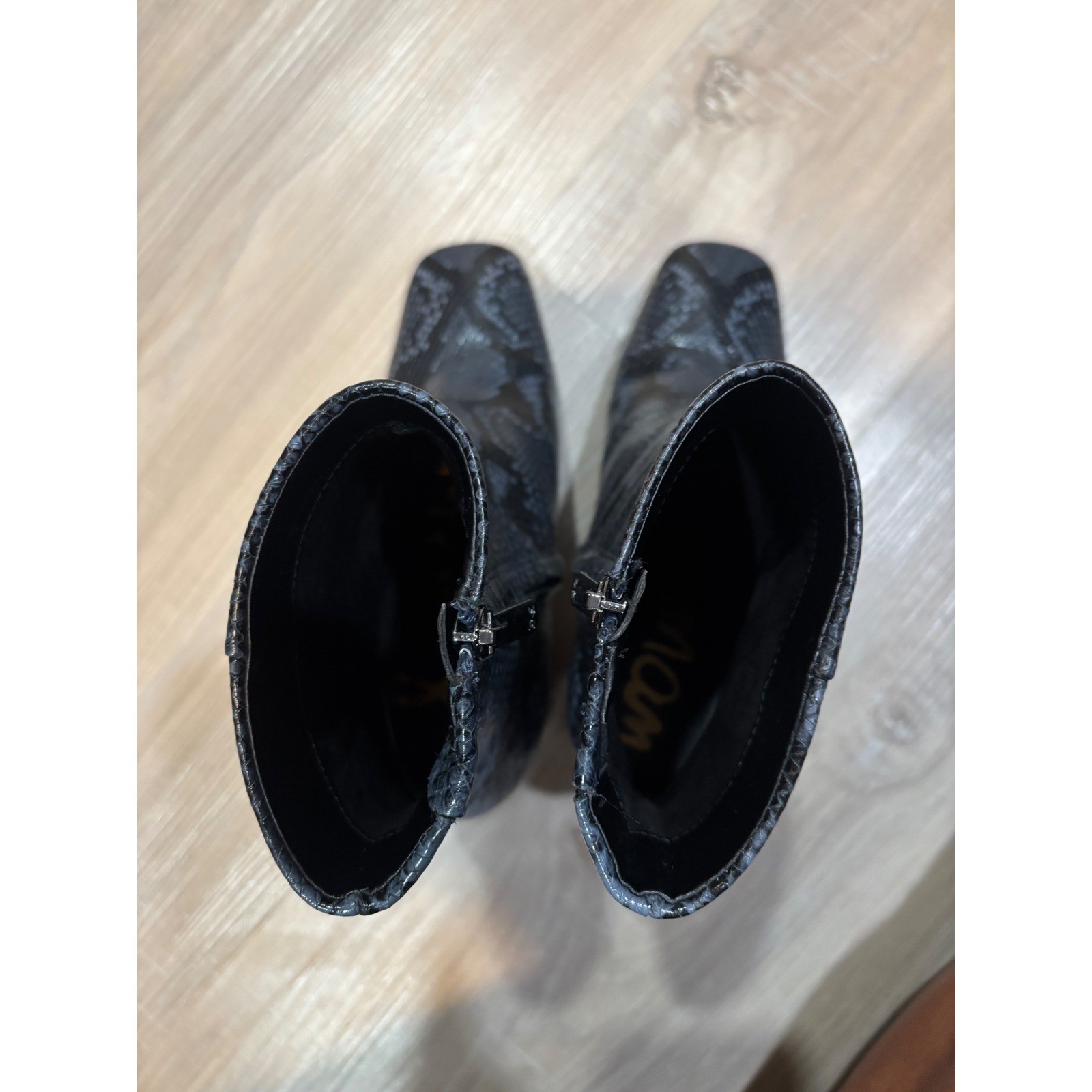 Sam Edelman Grey Black Snakeskin Embossed Square Toe Block Heel Ankle Boots 6.5