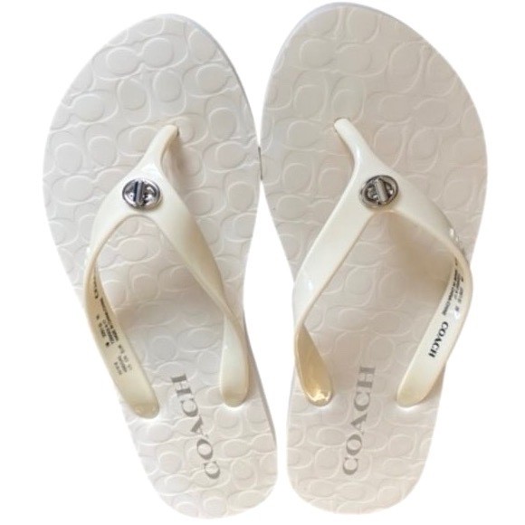 COACH Classic Flip Flop Abbigail Turnlock Logo Thong Sandals White Womens SZ 10