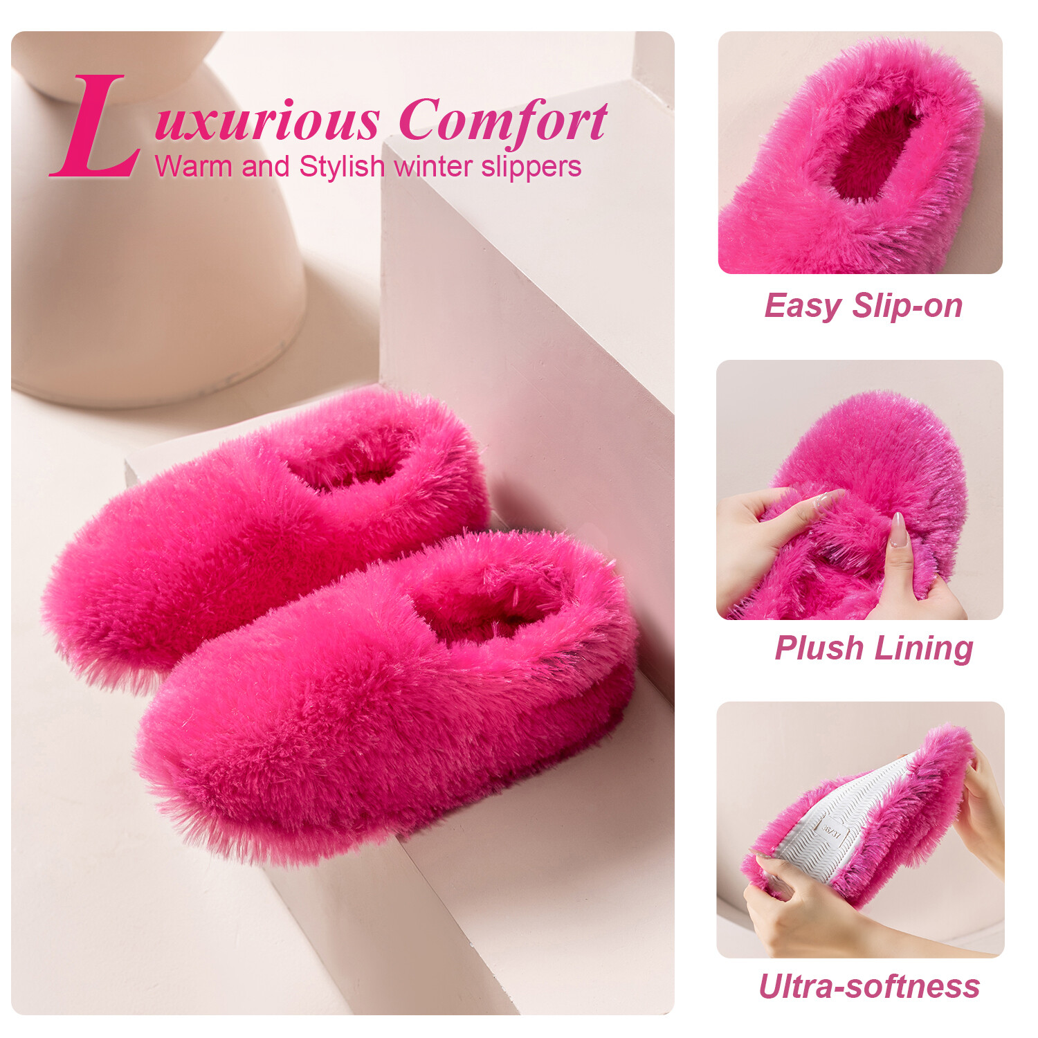 Fuzzy Winter Indoor Slippers for Women, Plush Warm Moccasin Slippers for Lady