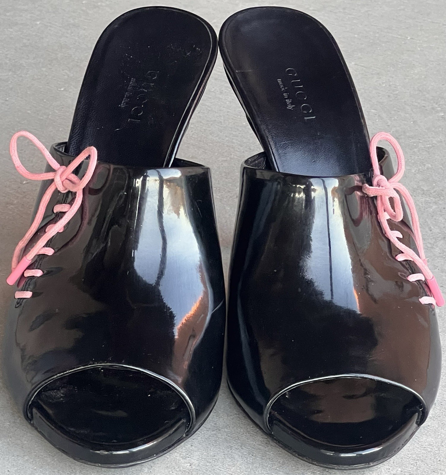 Rare Tom Ford Era Gucci Patent Leather Corset Lace-Up Peep Toe Mules EU 38.5