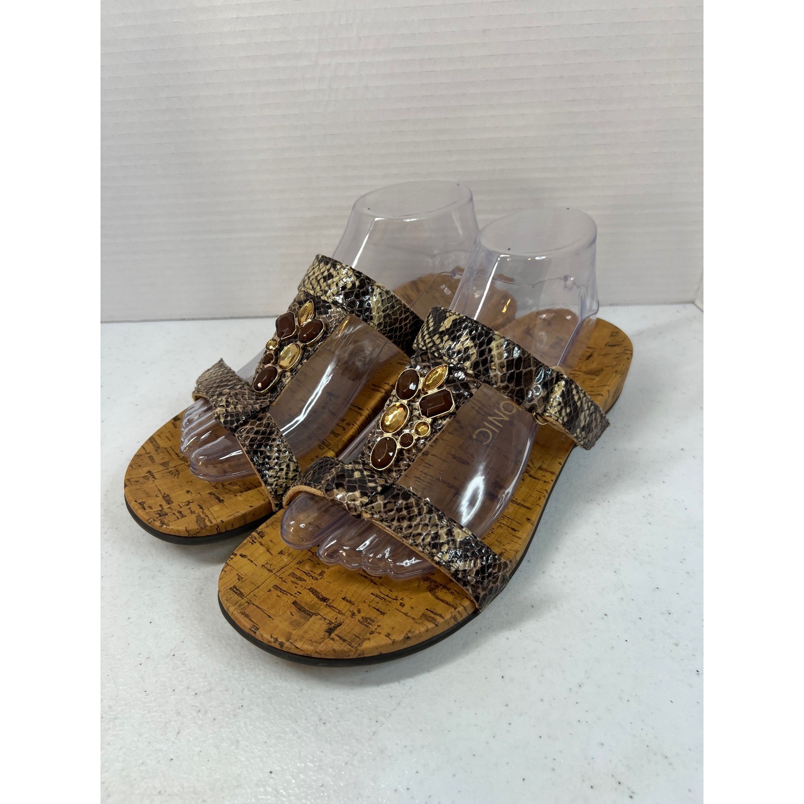 Vionic Viviana Snakeskin Jewel Orthotic Slide Sandals Womens 9 Brown TVW4241