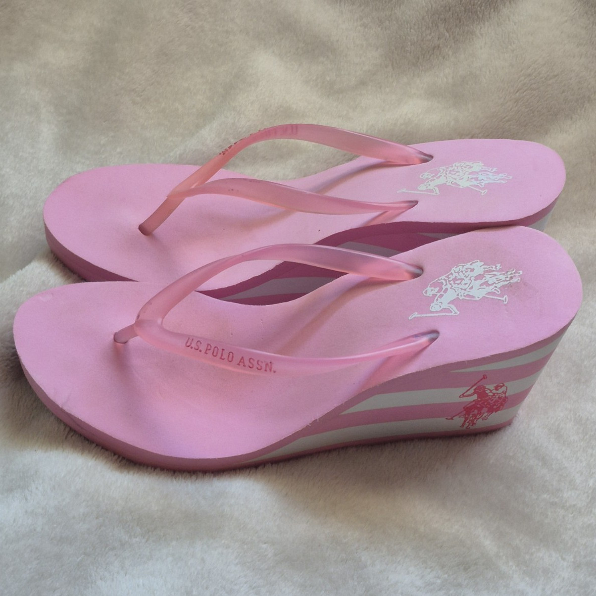 U.S. Polo Assn. Women’s Pink/White Striped Logo Wedge Flip Flop Sandal 9