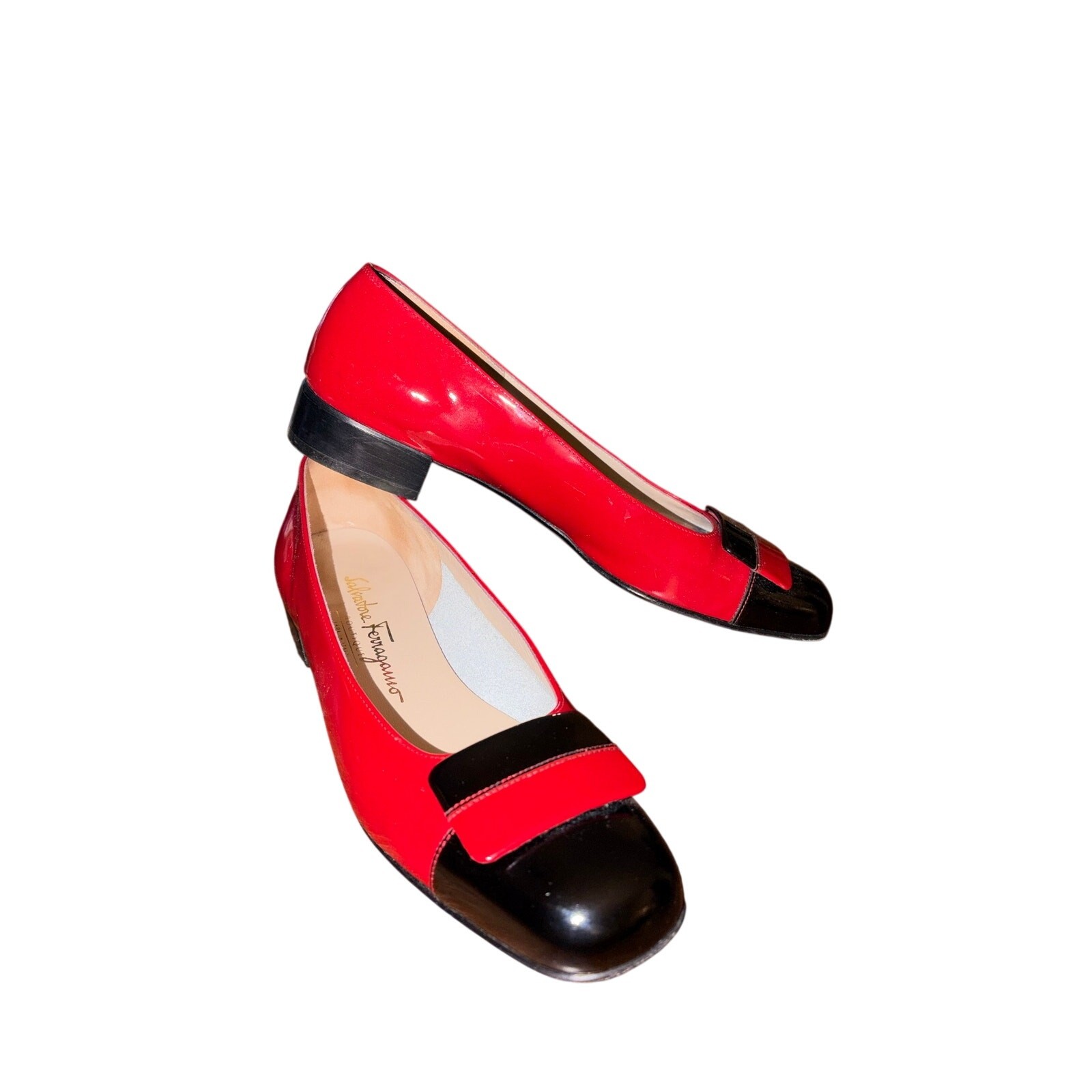 Salvatore Ferragamo Red Black Patent Leather Geometric Loafers 1” Heel Size 8 AA