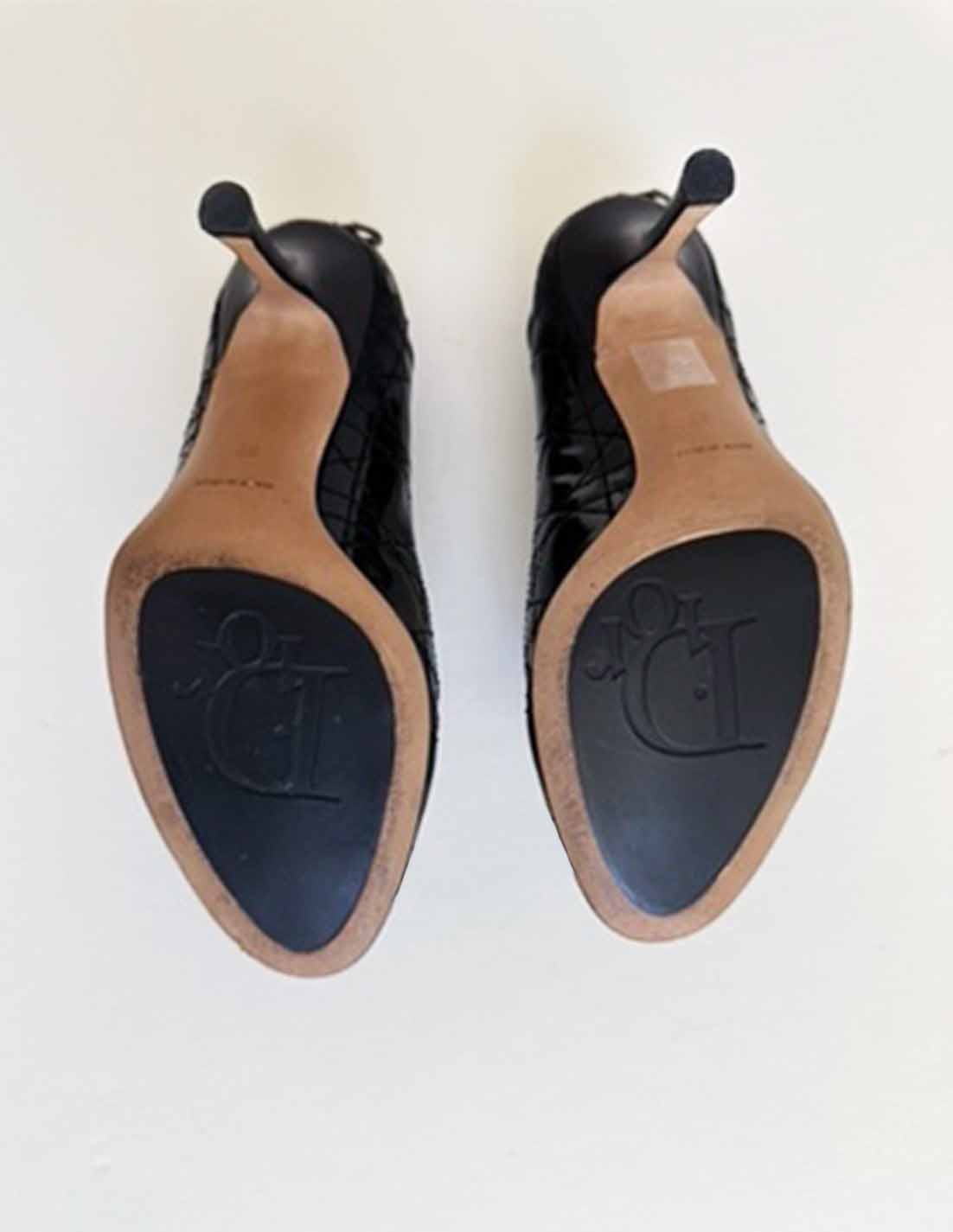 Christian Dior Black Cannage Patent Leather Peep Toe Pumps D Charm Heels EU 38