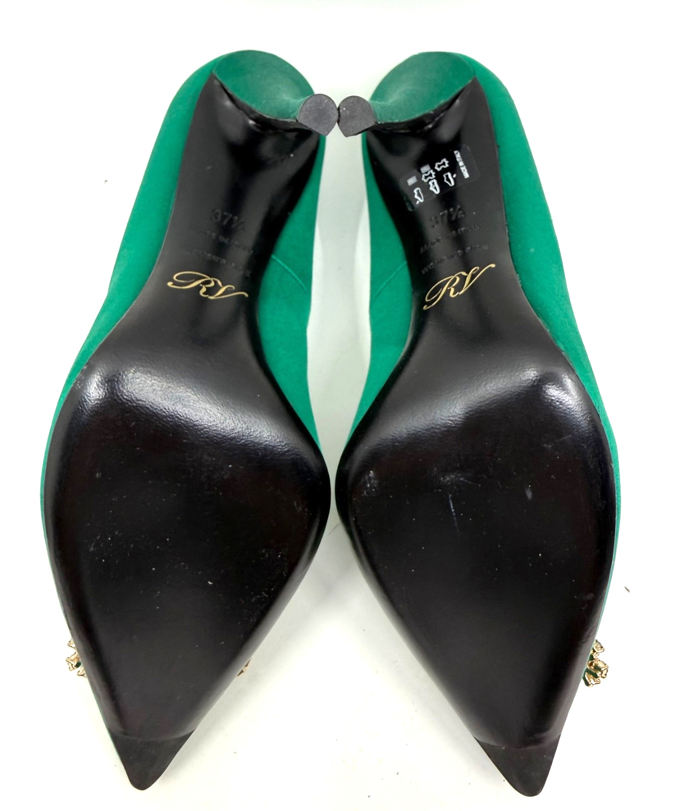 ROGER VIVIER Emerald Satin Flower Strass Decolleté Crystal Buckle Pump size 37.5