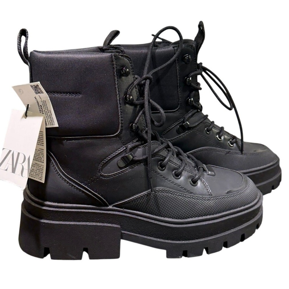 ZARA Z1B Platform Combat Boots Black Chunky Lug Sole Lace Up NWT Women’s 6.5