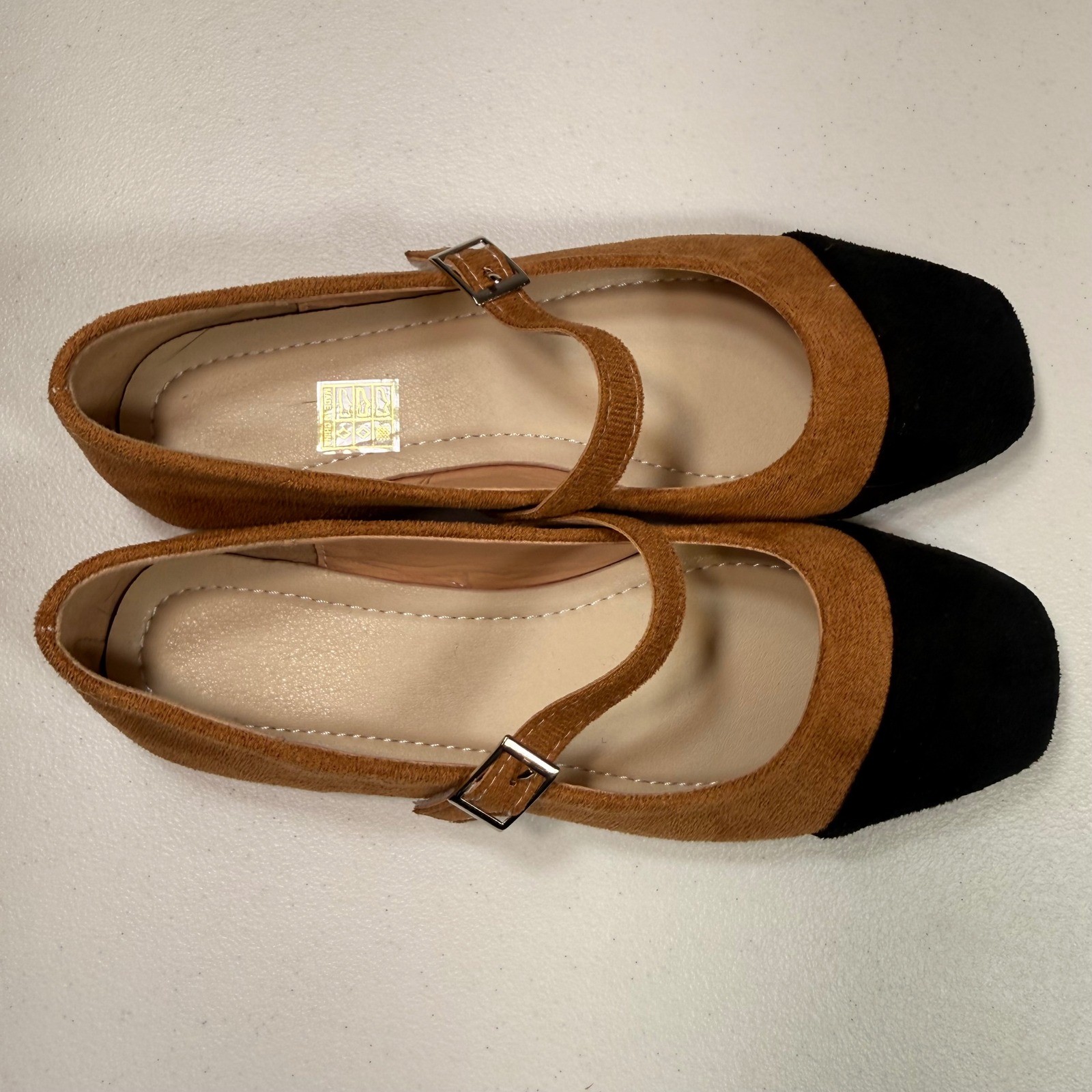 Two Tone Mary Jane Flats Cognac Black Cap Toe Square Toe Buckle Shoes Size 38