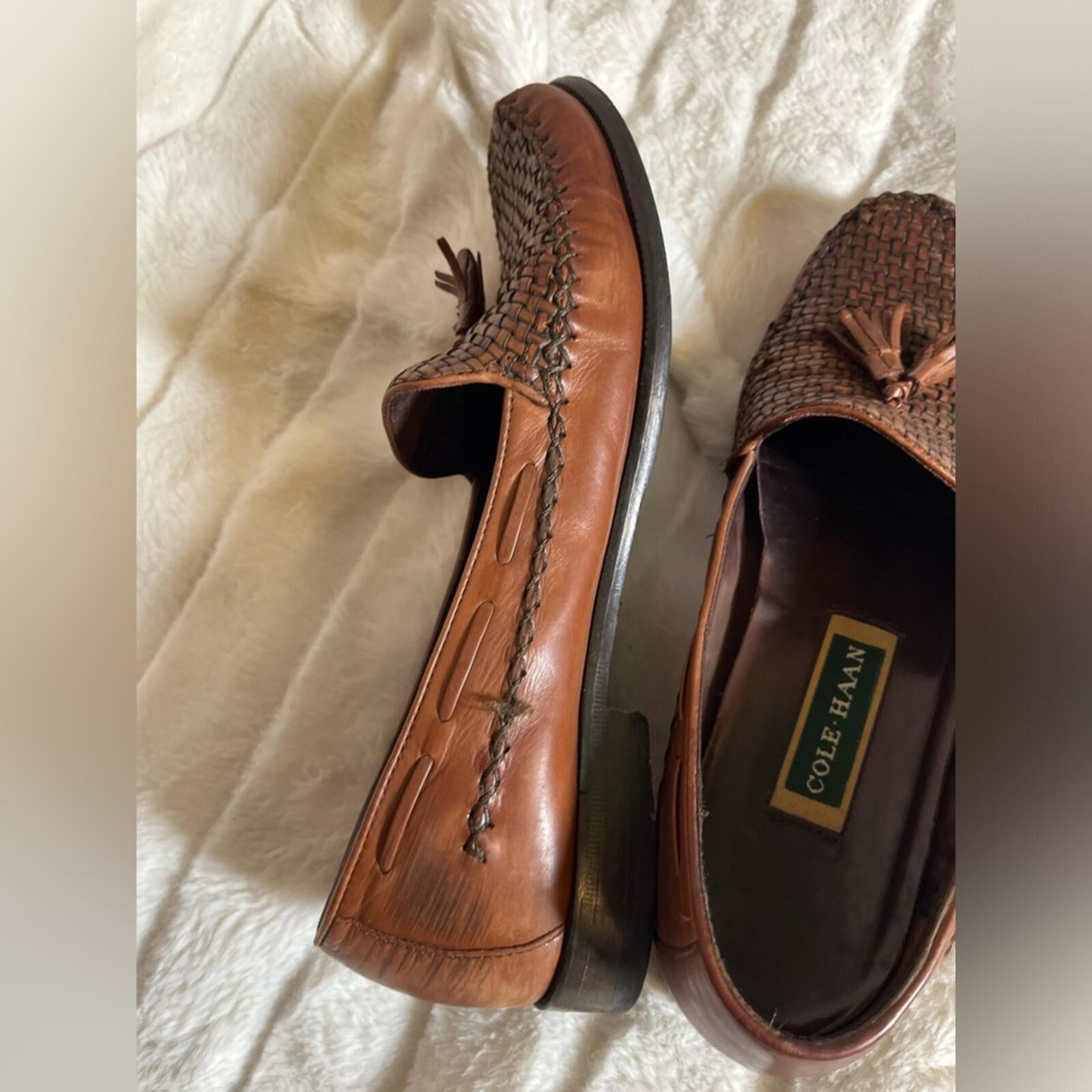 Cole Haan Womens 9.5B Vintage Brown Woven Leather Tassel Moccasin Workwear Shoes