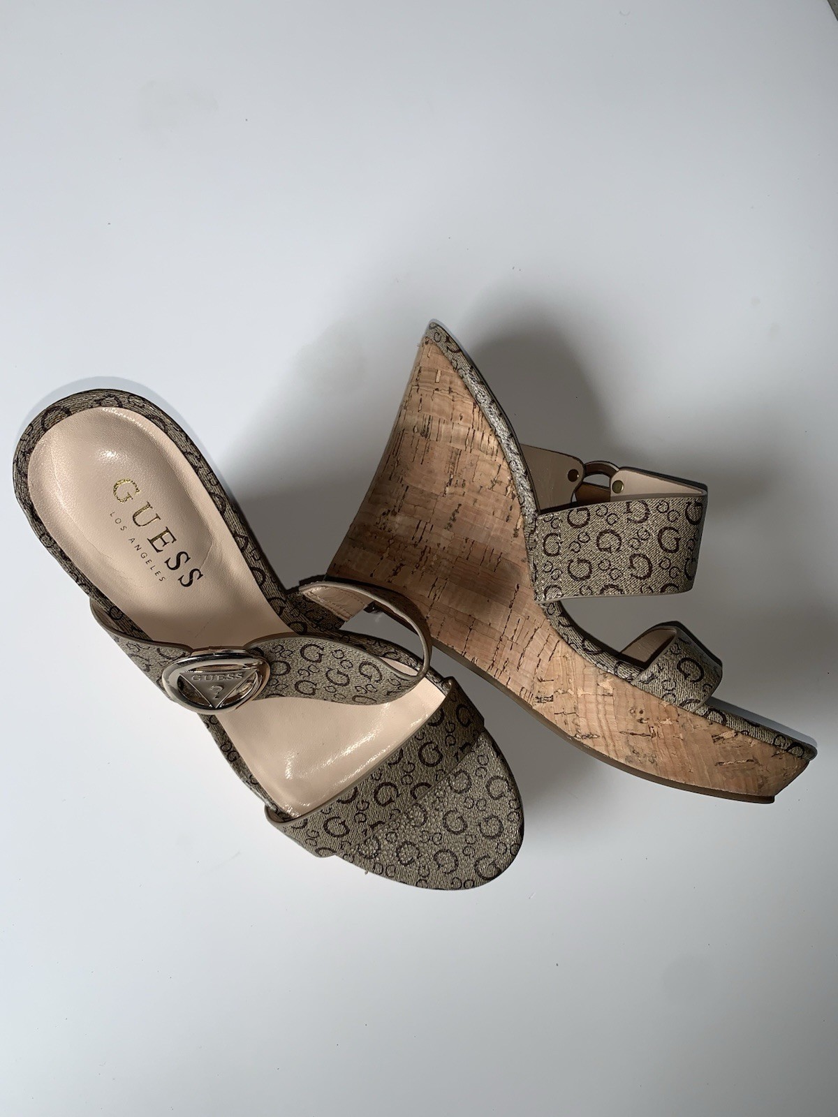 GUESS Women’s Beige/Brown Logo Print Wedge Sandals Ankle Strap Buckle