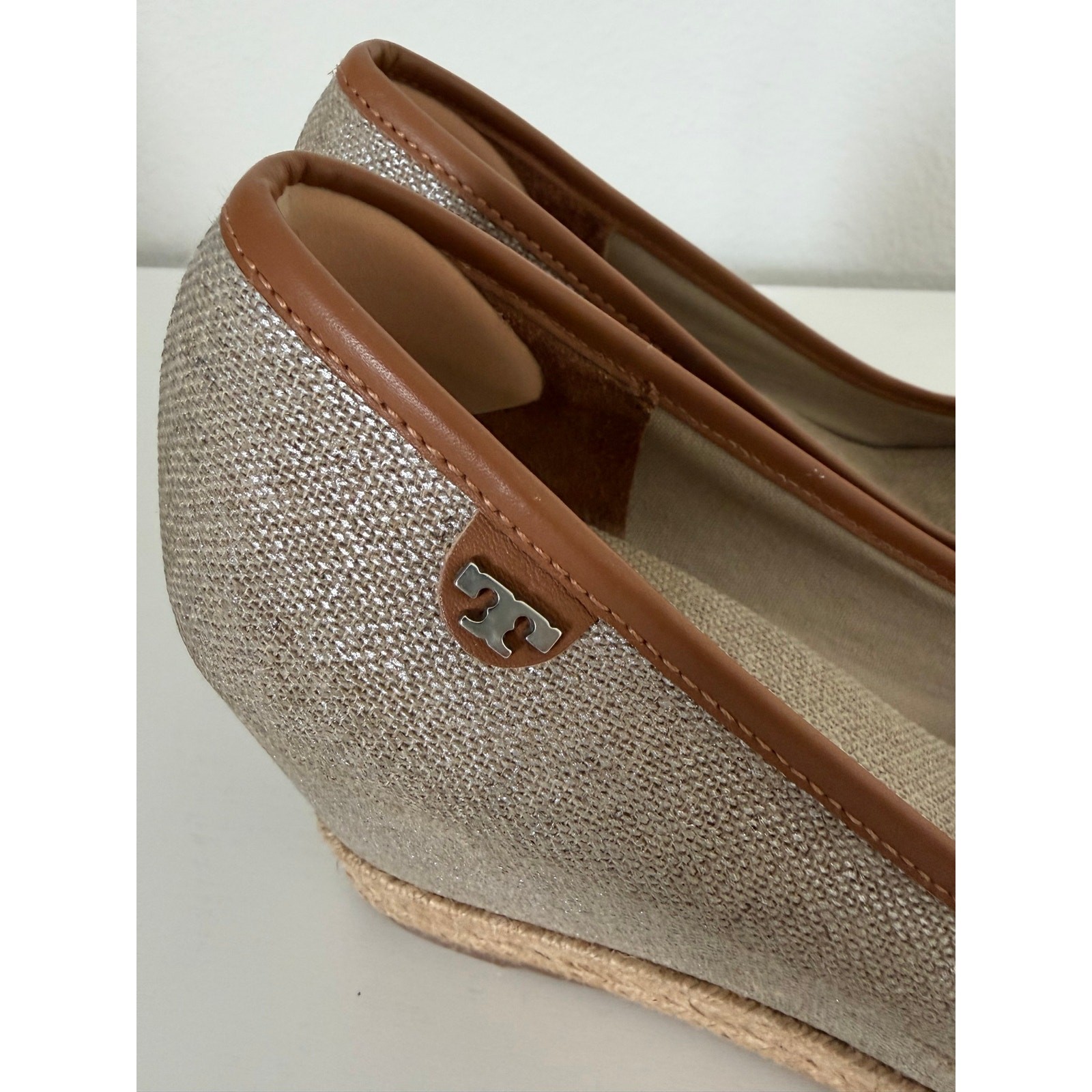 Tory Burch Womens Majorca Espadrille Wedges Neutral Canvas Leather Size 38/7-7.5