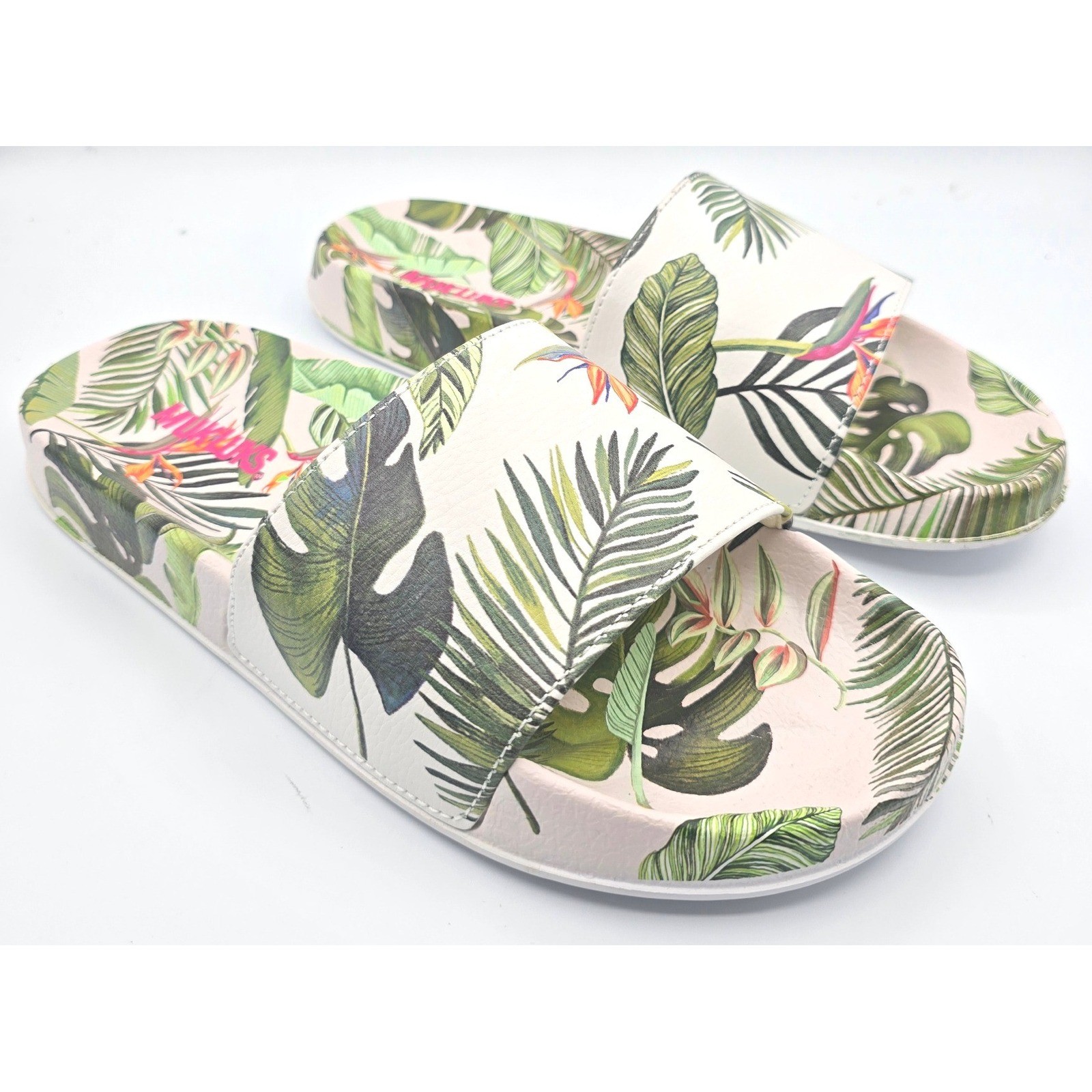 MUK LUKS Essentials Tropical Floral Palm Leaf Slide Sandals Pink Green L 9-10
