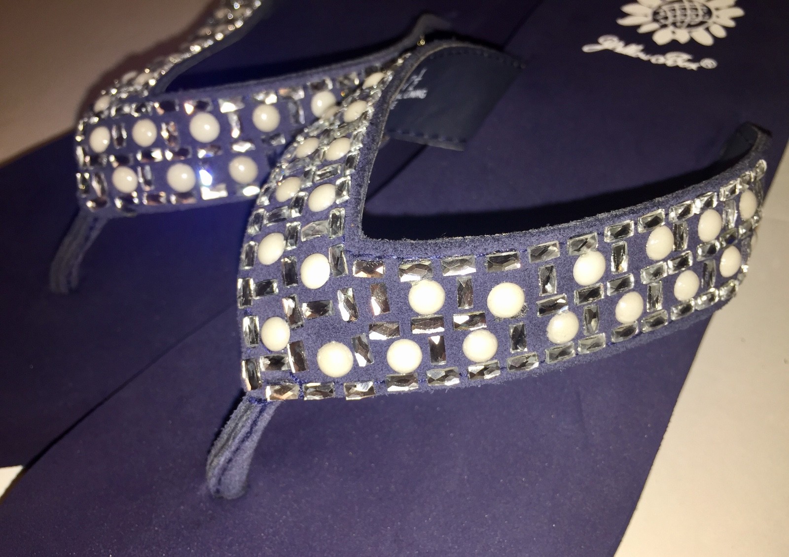Yellow Box Flip Flops Sandals Women’s Touch Wedge Pearl Jeweled Blue Black NWT