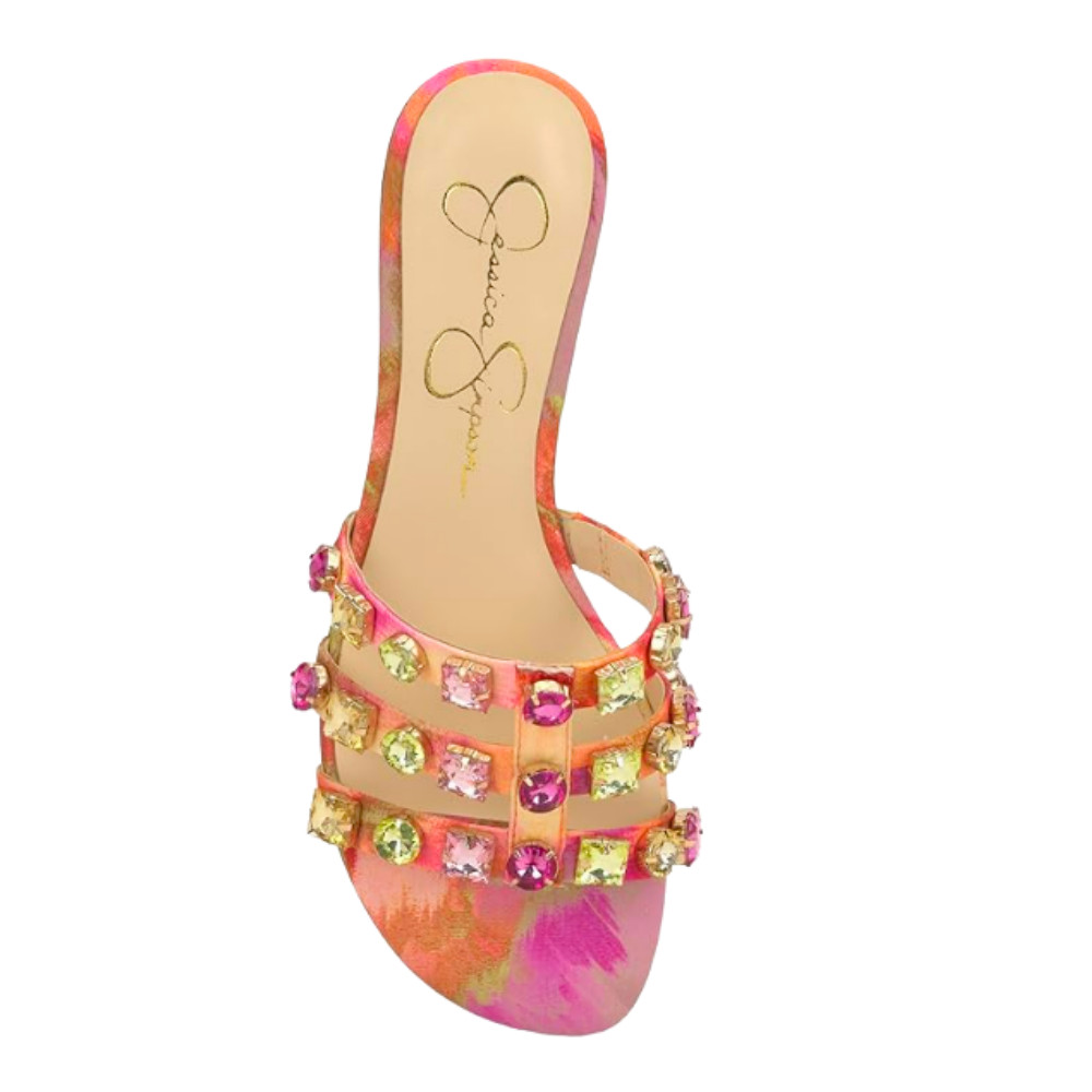 Jessica Simpson Women’s Detta Rhinestone Slip On Sandals Pink Red Combo 7.5 -NEW