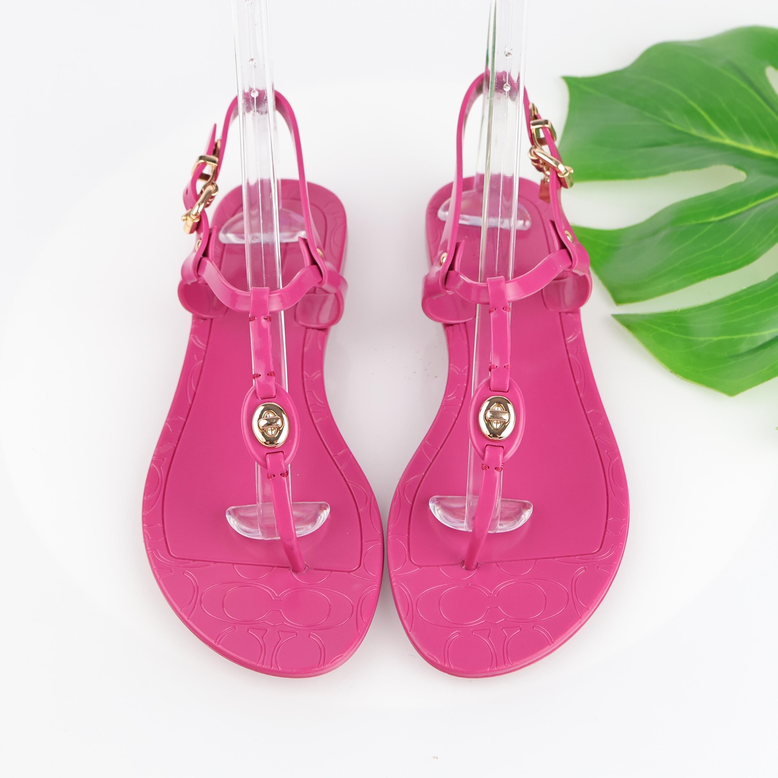 Coach Womens Pier Sandals Size 7 Hot Pink PVC Jelly Thong Ankle Strap Turnlock