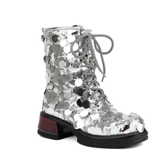 Bling Bling Sequins Ankle Boots Low Cuban Heel Round Toe Women’s Lace Up Shoes