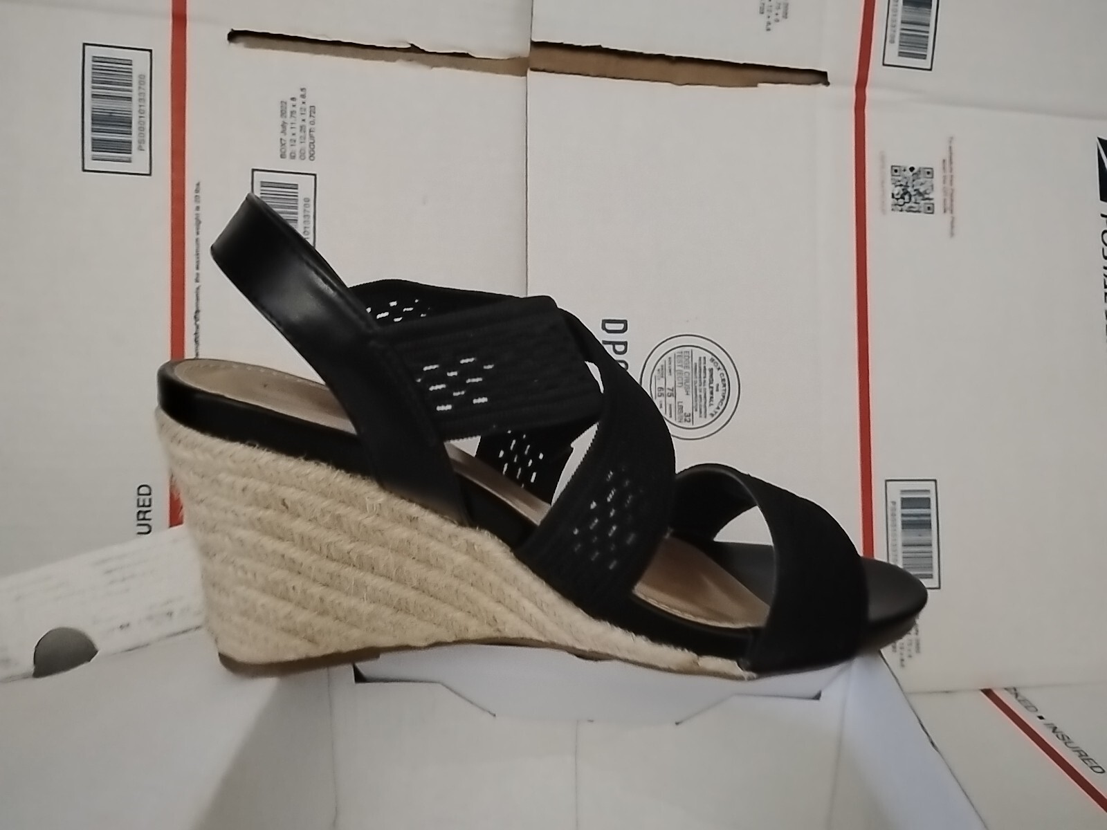 “London Fog” size 10 M , Woven Textile Sandals Pickwick BLACK Wedge Heel #00t