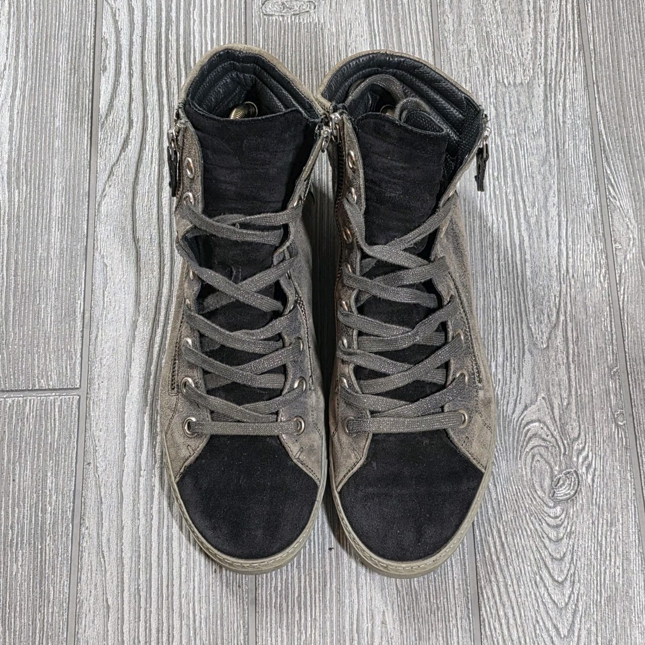 Paul Green brown Black metallic leather & suede hightop sneaker sz 8.5 zip Side