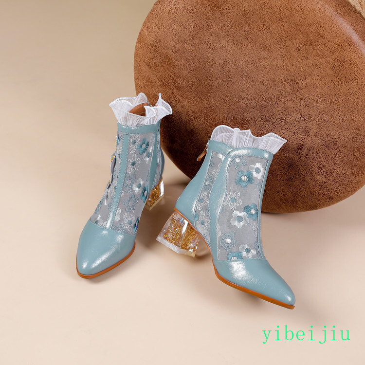 Women Embroidery Ankle Boot Chunky Heel Real Leather Shoes Elegant Spring Summer