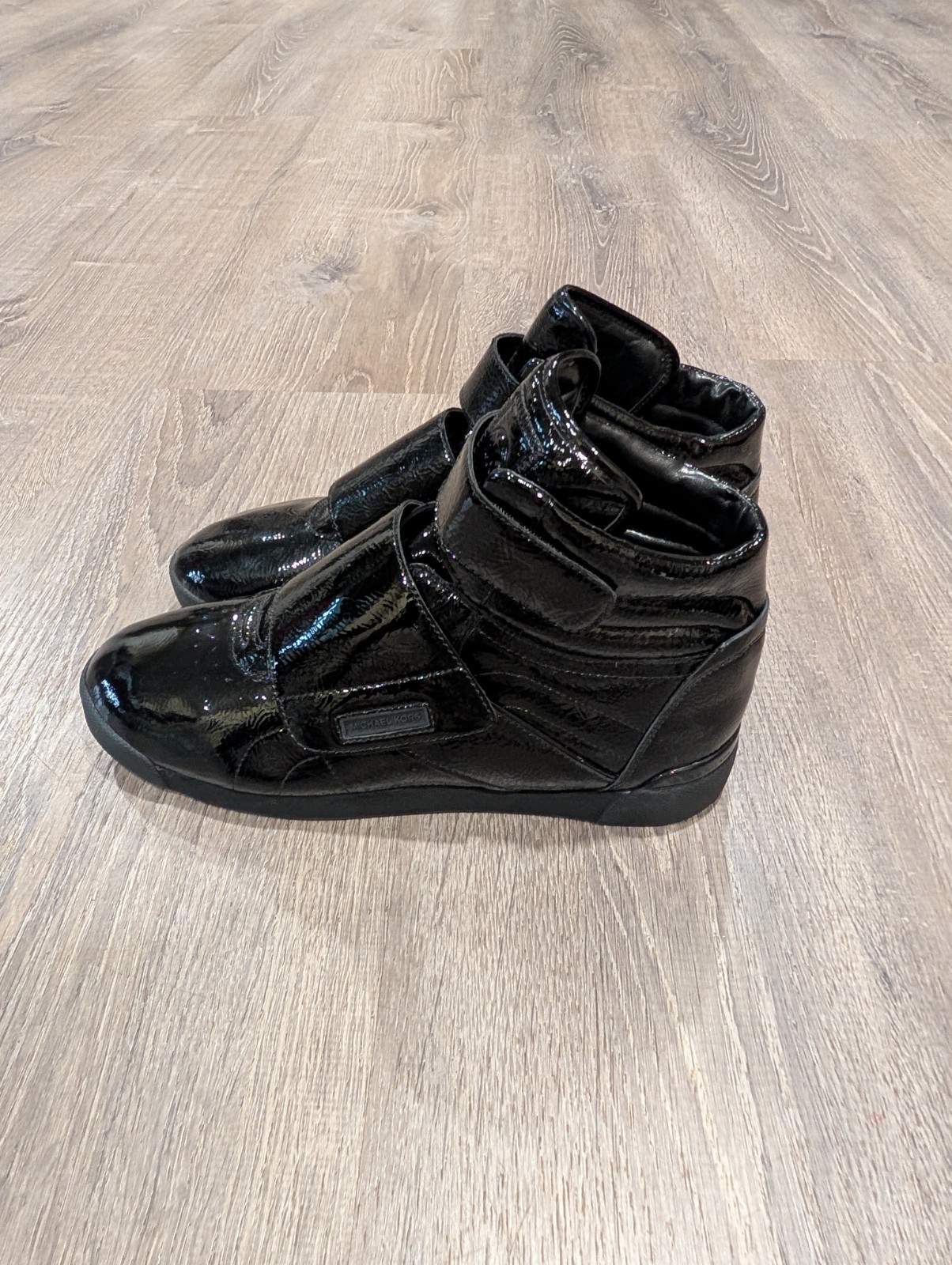 Michael Kors Gentry Black Patent Leather High-Top Wedge Trainer Sneakers 11