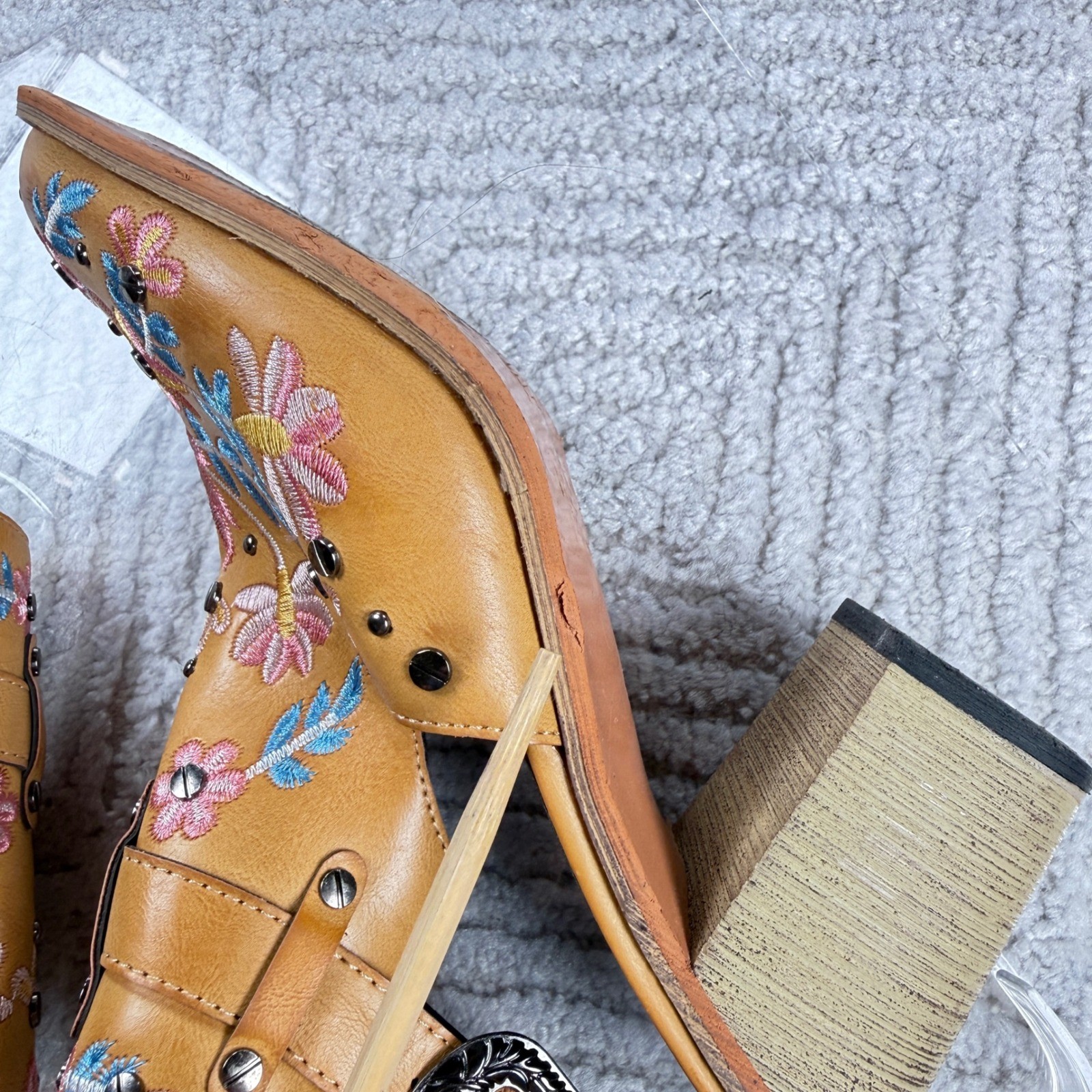Ankle Strap Booties Womens 9 Tan Boho Western Embroidered Floral Boho Bohemian