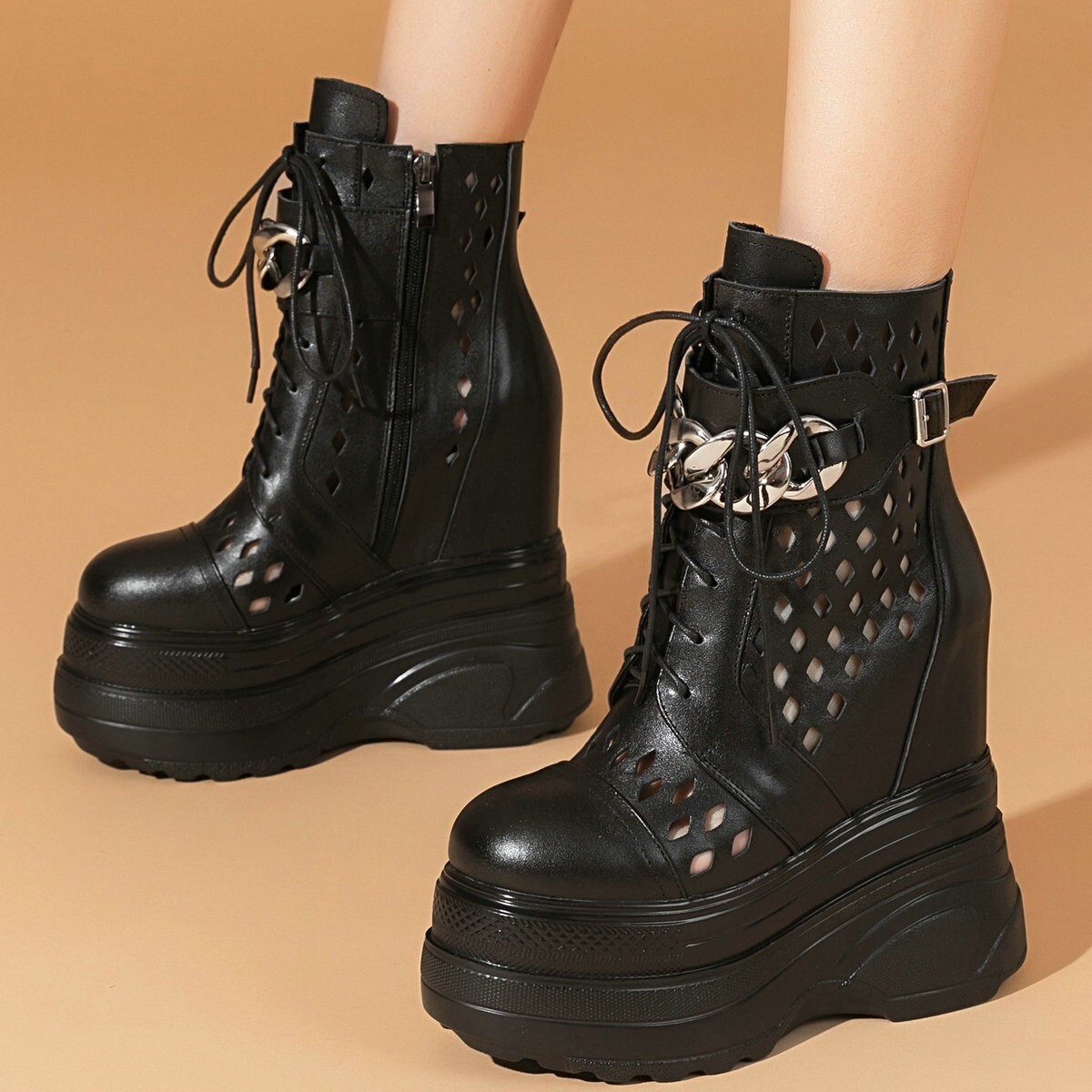 16cm High Heels Women Leather Platform Wedge Ankle Boots Plus Size Sandal Pumps